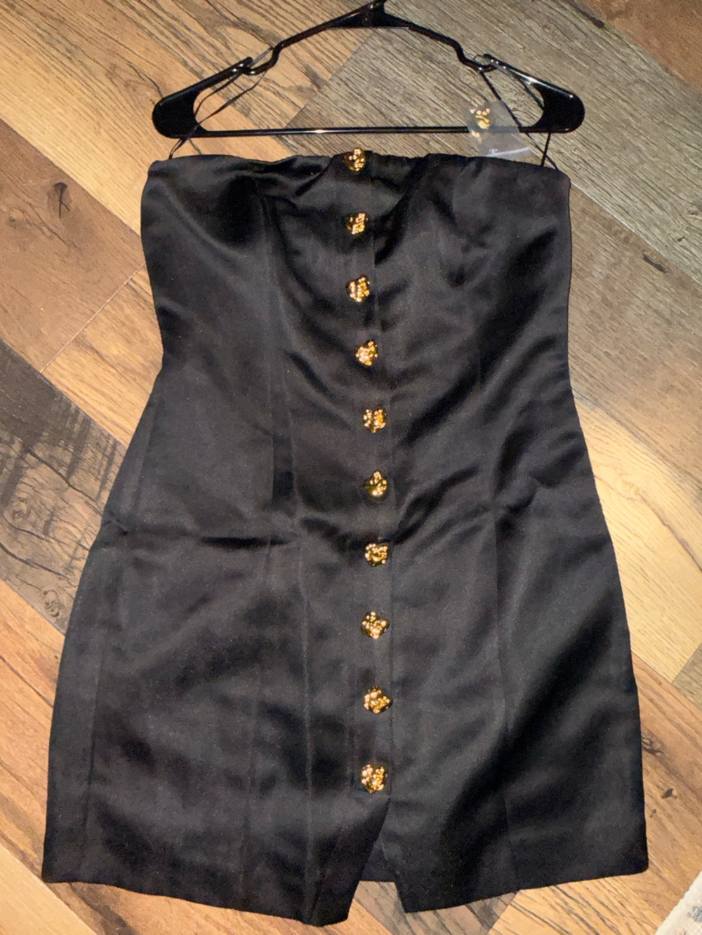 Vici Strapless Black Mini Dress with Gold Button Accents